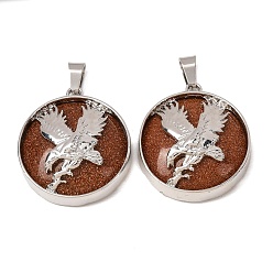 Goldstone Synthetic Goldstone Pendants, Alloy Flat Round Bezeled Eagle Charms, Platinum, 30x26.5x9mm, Hole: 7.5x4mm