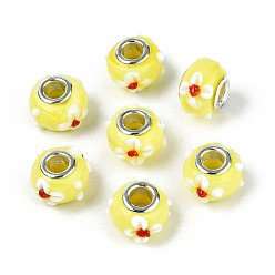 Желтый Бусины лэмпворк европейского стиля , ухабистая лампа, с платиновой латуни двойной ядер, бусины с большим отверстием, RONDELLE с цветком, желтые, 16x14x10.5 мм, отверстие : 5 мм