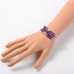 Amethyst Gemstone Chip Bead Cuff Bracelets, with Brass Tube Beads and Iron Round Beads, Silver Color Plated, Amethyst, 50x55mm
