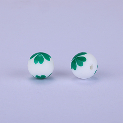 Honeydew Printed Round with Clover Pattern Silicone Focal Beads, Honeydew, 15x15mm, Hole: 2mm