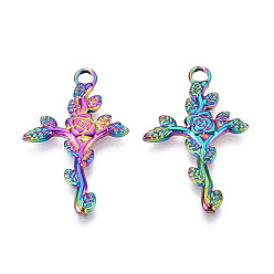 Rainbow Color Ion Plating(IP) 201 Stainless Steel Pendants, Cross with Flower, Rainbow Color, 30x18.5x1.5mm, Hole: 2.5mm