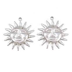 Stainless Steel Color 304 Stainless Steel Pendants, Sun with Face Charms, Stainless Steel Color, 40x36x4mm, Hole: 2mm