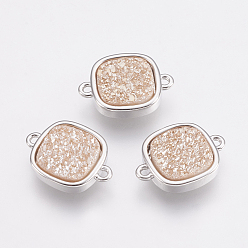 Розовое Покрытие Соединители звеньев натурального агата друзы, с латунной фурнитурой , квадратный, платина, розовый покрытием, 16x11x3.5~4 мм, отверстие : 1 мм