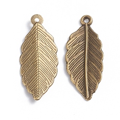 Bronce Antiguo Colgantes de la aleación, hoja, Bronce antiguo, 31x13x1.5 mm, agujero: 1.4 mm