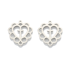 Нержавеющая Сталь Цвет Не тускнеющие 201 подвески из нержавеющей стали, полый, сердце с крестом, цвет нержавеющей стали, 26.5x25x1.5 мм, отверстие : 1.4 мм