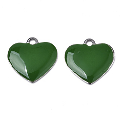 Темно-Зеленый 201 из нержавеющей стали шармы эмали, сердце, цвет нержавеющей стали, темно-зеленый, 13x13x2 мм, отверстие : 1.5 мм