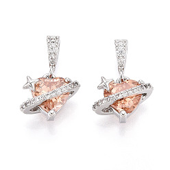 Сэнди Коричневый Латунные микро проложить кубического циркония прелести, сердце, платина, песчаный коричневый, 11x12x7.5 мм, отверстие : 4.5x2.5 мм