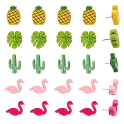 Mixed Color Plants and Animals Wood Push Pins, with Iron Pins, for Photos Wall, Maps, Bulletin Board or Corkboards, Mixed Color, 18.8~24x14.5~20.5mm, Hole: 1.8~2mm, Pin: 1mm, 60pcs/set