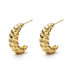 Real 18K Gold Plated Brass Half Hoop Earrings, Stud Earrings, Textured, Double Horn/Crescent Moon, Real 18K Gold Plated, 24.5x17x8mm, Pin: 0.8mm