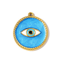 Настоящее золото 18K 304 нержавеющей стальной эмали подвески, плоский круглый с оберегами от сглаза, зеркальная полировка, ионное покрытие (ip), реальный 18 k позолоченный, 21x19 мм
