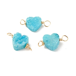 Dark Turquoise Natural Druzy Agate Connector Charms, with Golden Tone Copper Wire, Dyed, Heart, Dark Turquoise, 18~20x9~10x4~5mm, Hole: 3mm