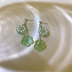 Vert Clair Boucles d'oreilles pendantes en alliage filé à la flamme, fleur, or, vert clair, 50mm