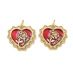 Красный Латунные эмалевые подвески ко дню матери, Подвески в виде сердечек с узором из роз, без кадмия и без свинца, долговечный, стойки покрытие, реальный 18 k позолоченный, красные, 18.5x20x2 мм, Перейти кольцо: 5x0.8 мм, внутренний диаметр: 3.5 мм
