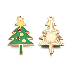 Green Christmas Theme, Alloy Enamel Pendants, Light Gold, Christmas Tree, Green, 25x15.5x1.5mm, Hole: 2mm