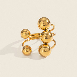 Plaqué 18K Or Véritable 304 bagues ouvertes en acier inoxydable pour femmes, ballon rond, réel 18 k plaqué or, 8mm, taille us 10 (19.8 mm)