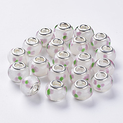 Разноцветный Бусины лэмпворк европейского стиля , бусины с большим отверстием, с серебряного цвета латуни двойные сердечники, внутренняя бусины цветок, рондель, красочный, 14x11 мм, отверстие : 5 мм