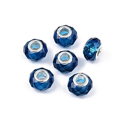Стально-синий Прозрачное стекло европейские шарики, бусины с большим отверстием, с медными сердечниками, граненые, рондель, стальной синий, 13.5~14x9~9.5 мм, отверстие : 5 мм