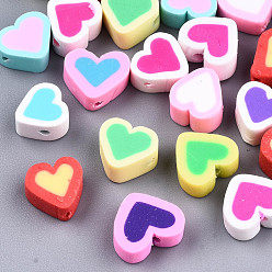 Mixed Color Handmade Polymer Clay Beads, Heart, Mixed Color, 8~9.5x9~10x5mm, Hole: 2mm