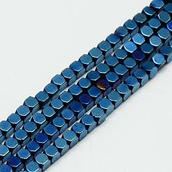 Blue Plated Electroplate Non-magnetic Synthetic Hematite Beads Strands, Faceted, Cube, Blue Plated, 2x2x2mm, Hole: 1mm, about 193pcs/strand, 15.7 inch