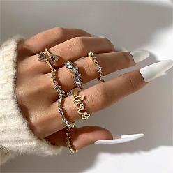 Word Crystal Rhinestone Cuff Rings Set, Golden Alloy Stackable Rings, Word, Inner Diameter: 16~18mm, 7pcs/set