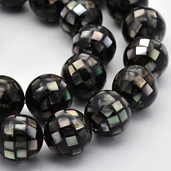Black Mosaic Style Faceted Round Natural Abalone Shell/Paua Shell Beads Strands, Black, 14mm, Hole: 1mm, about 28pcs/strand, 15.7 inch