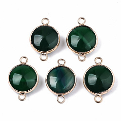 Natural Agate Natural Agate Links Connectors, with Light Gold Plated Brass Findings, Flat Round, Dyed & Heated, Dark Green, 23~25.5x15~17.5x4~7mm, Hole: 2mm