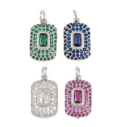Mixed Color Brass Micro Pave Cubic Zirconia Pendantss, Rectangle Charms, Rack Plating, Long-Lasting Plated, Lead Free & Cadmium Free, Platinum, Mixed Color, 17x10x4mm, Hole: 3.3mm