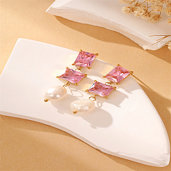 Pink Boucles d'oreilles carrées en verre, boucles d'oreilles pendantes en perles naturelles avec 304 épingles en acier inoxydable, rose, 40mm