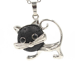Lava Rock Natural Lava Rock Pendants, with Platinum Plated Brass Findings, Cat Shape Charms, 35x29x10mm