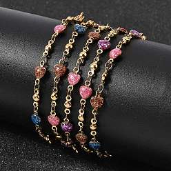 Золотой 304 Браслеты из нержавеющей стали с звеньями из смолы для женщин, сердце, с блеском порошок, вакуумное покрытие pvd, долговечный, золотые, 6.50 дюйм (16.5 см)