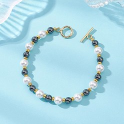 Золотой Браслеты из ракушечного жемчуга и немагнитного синтетического гематита для женщин, круглые, с 304 застежками-тоглами из нержавеющей стали и плоскими круглыми латунными бусинами, золотые, 8-3/8 дюйм (21.4 см)