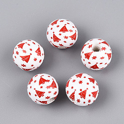 Красный Рождественские деревянные бусины сима, окрашенные распылением, круглый с рисунком снежинки, печатные бисера, красные, 15.5~16x15 мм, отверстие : 4~5 мм