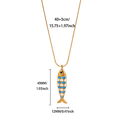 Deep Sky Blue Ocean 304 Stainless Steel Enamel Pendant Necklaces, Fish, Golden, Deep Sky Blue, 15.75 inch(40cm), pendant: 49x12mm
