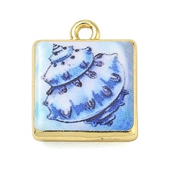 Royal Blue Printed Brass Pendants, Square with Conch Shell Shape Charms, Golden, Royal Blue, 17.5x15x4.5mm, Hole: 1.8mm