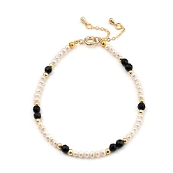 Black Agate Beaded Bracelets, with Natural Pearl Beads, Natural Black Agate Beads, Brass Beads & Spring Ring Clasps, Golden, 19.7cm(7-3/4 inch)