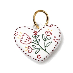 Сердце Печать 304 подвески из нержавеющей стали, белые, золотые, сердце с цветочным шармом, 13x15x3.6 мм, Перейти кольцо: 6x0.7 мм, внутренний диаметр: 4.5 мм