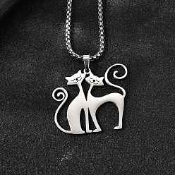 Нержавеющая Сталь Цвет 304 подвесные из нержавеющей стали ожерелья, с коробчатой цепью и подвесками для ручной полировки, форма кошки, цвет нержавеющей стали, 17.72 дюйм (45 см)