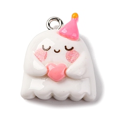 Pink Подвески из непрозрачной смолы на тему хэллоуина, с платиновыми железными петлями, призрак, розовые, 21x17x9 мм, отверстие : 2 мм