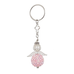 Pink Seed Beads Keychain, with Iron Split Key Rings and Resin Rhinestone Beads, Angel, Pink, 9.3cm