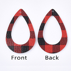 Rot Pu-Leder große Anhänger, mit Tartan-Muster, Träne, rot, 60x40x2 mm, Bohrung: 1.5 mm