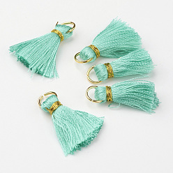 Средний Бирюзовый Нейлон кисточка кулон украшение, с латунной фурнитурой , золотые, средне бирюзовый, 23~27x5 мм, отверстие : 4 мм