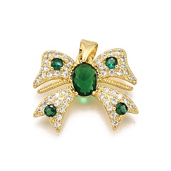 Зеленый Латунные микро проложить кубического циркония подвески, бантом, стойки покрытие, долговечный, без свинца и без кадмия, реальный 18 k позолоченный, зелёные, 16x21x3.5 мм, отверстие : 4x3 мм
