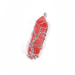 Cherry Quartz Glass Cherry Quartz Glass Big Pendants, Platinum Tone Copper Wire Wrapped Bullet, Double Terminated Point Charms, 50x10x10mm