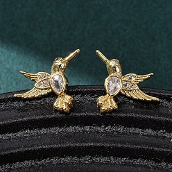 Настоящее золото 18K Серьги-гвоздики из латуни с микропаве в виде птиц, инкрустированные прозрачными кубическими циркониями., стойки покрытие, долговечный, без кадмия и без свинца, реальный 18 k позолоченный, 11x10 мм