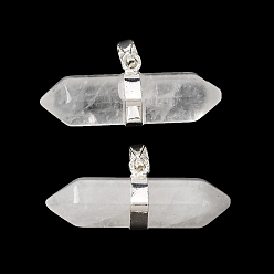 Хрусталь Подвески с двойным наконечником из натурального кварца, подвески из горного хрусталя в форме пули с латунными застежками, стойки покрытие, серебряные, 12.5x32~32.5x9.5 мм, отверстие : 6x4.5 мм