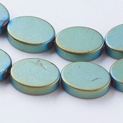Green Plated PVD Vacuum Plating Electroplate Non-magnetic Synthetic Hematite Beads Strands, Frosted, Grade A, Oval, Green Plated, 8x6x2mm, Hole: 1mm, about 50pcs/strand, 15.3 inch(39cm)