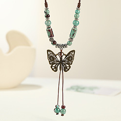 Средний Аквамарин Длинные ожерелья с подвеской в виде бабочки из сплава и фарфора в этническом стиле для женщин, античная бронза, средний аквамарин, 15.75~31.50 дюйм (40~80 см)
