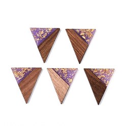 Средний Фиолетовый Подвески из непрозрачной смолы и орехового дерева, треугольник прелести, с блестящей пудрой и золотой фольгой, средне фиолетовый, 35~36.5x30.5~31x3~3.5 мм, отверстие : 2 мм
