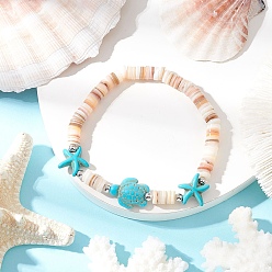 Бирюза Браслеты-растяжки из синтетических бирюзовых бусин с изображением морских черепах и морских звезд, браслеты из натуральных пресноводных ракушек, бирюзовые, внутренний диаметр: 2-3/8 дюйм (6 см)