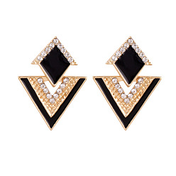 Черный Серьги-гвоздики с подвесками из сплава в форме ромба и треугольника, украшенные кристаллами и стразами, с эмалью, золотые, чёрные, 32x20 мм